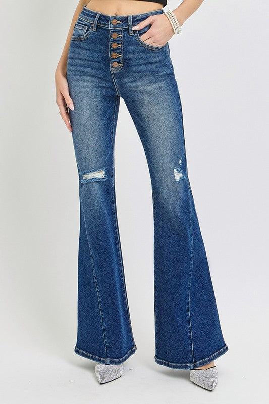 RISEN Distressed Button-Fly Flare Jean