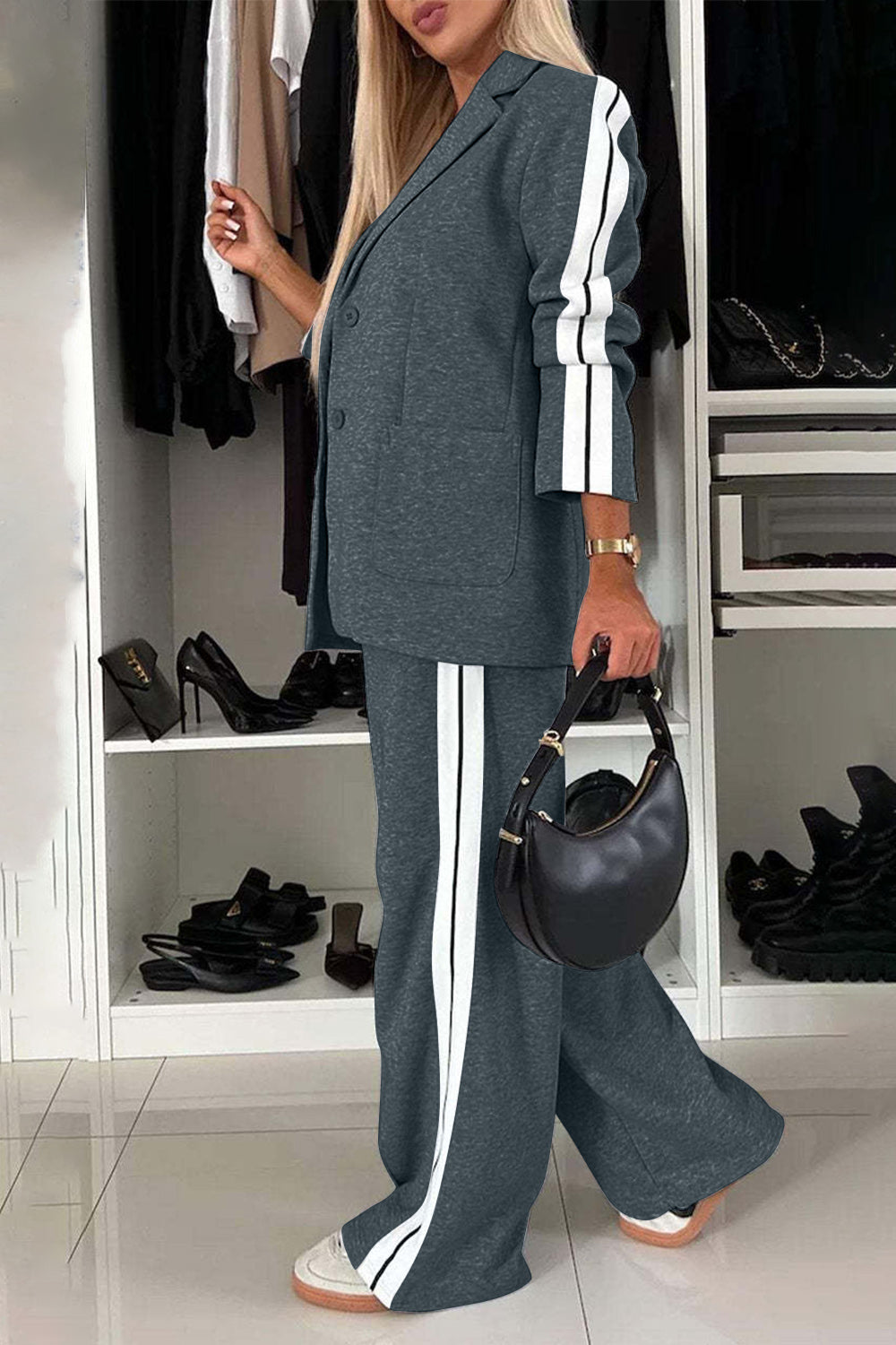 Contrast Lapel Collar Top & Pants Set