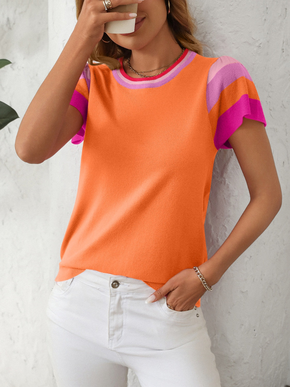 Contrast Round Neck Short Sleeve Top