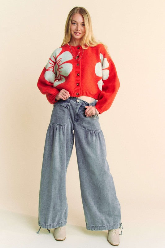 Flower Contrast Cardigan - Pretty
