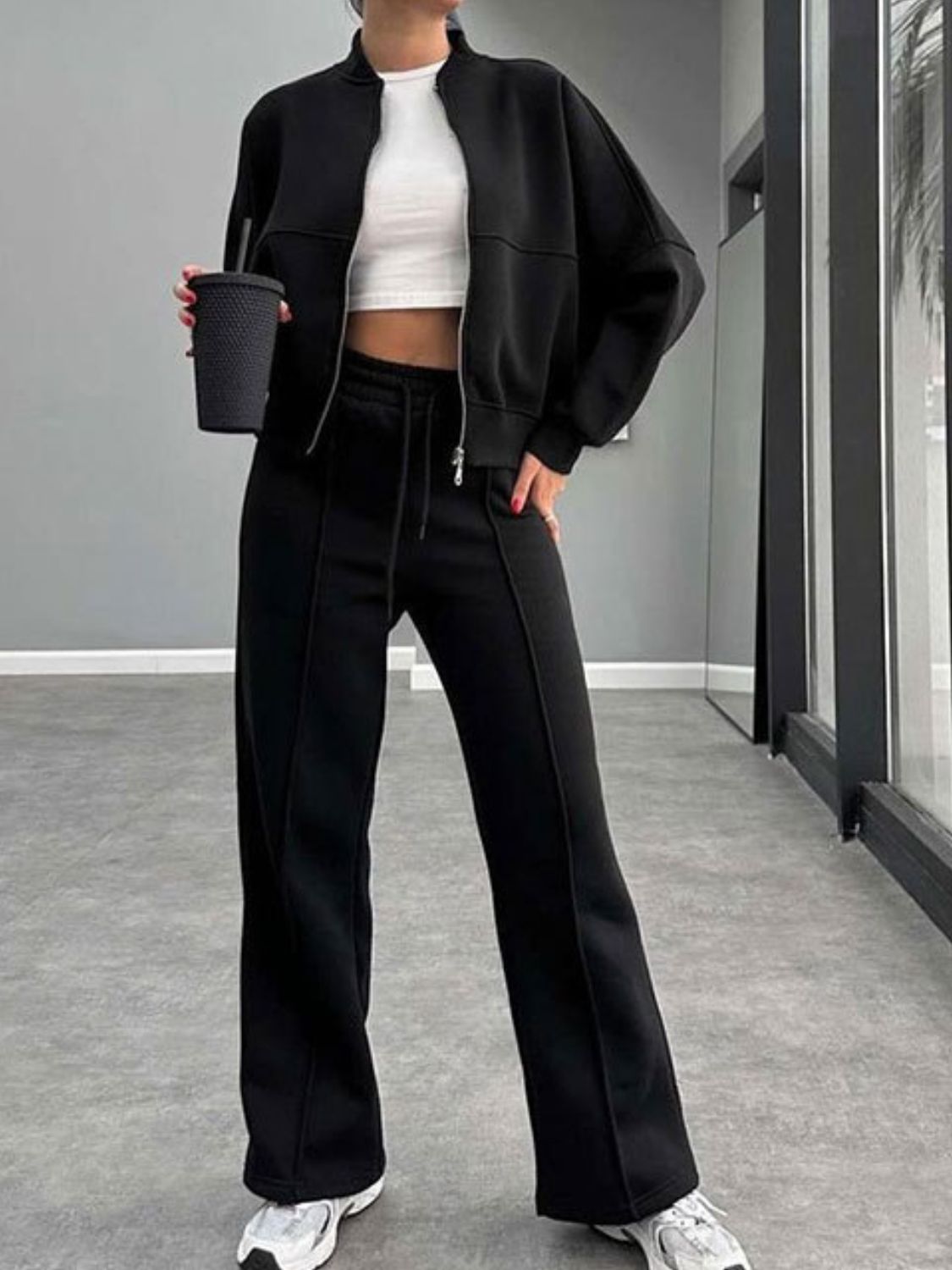 Baseball Collar Zip Up Outerwear Set