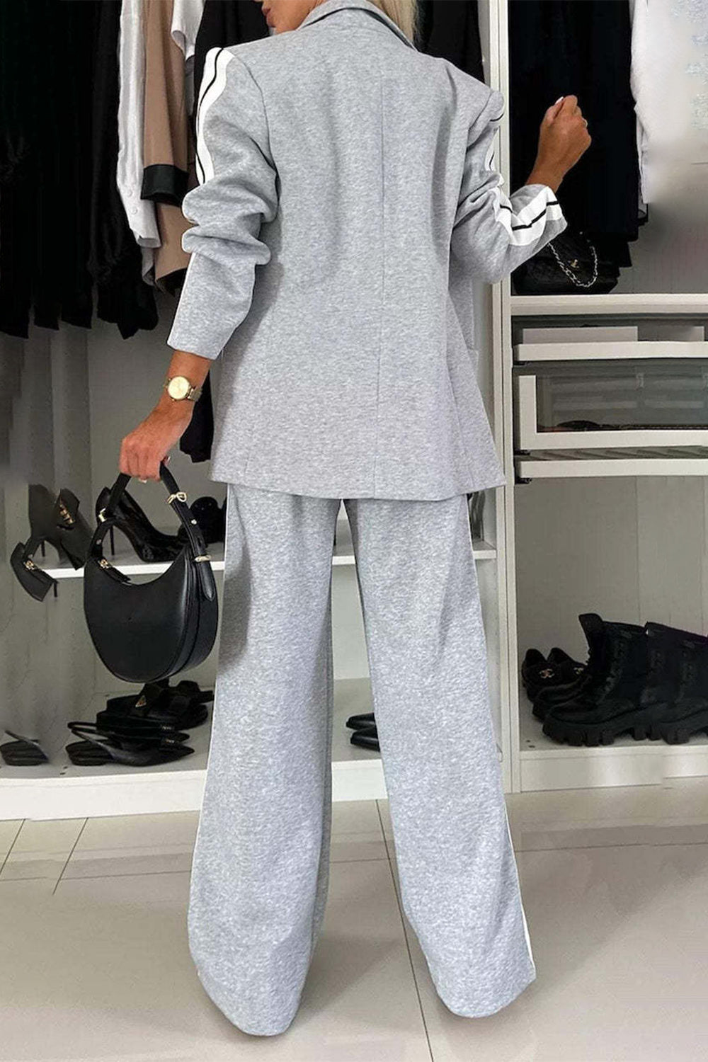 Contrast Lapel Collar Top & Pants Set