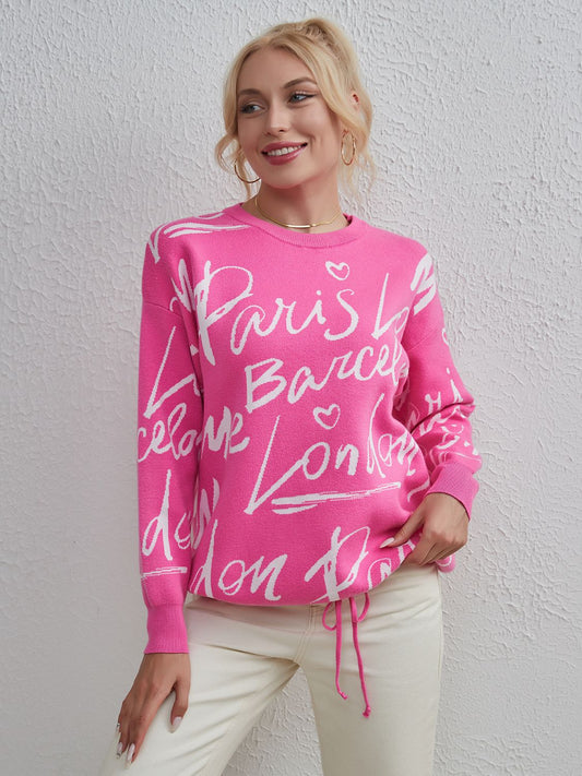 Drawstring Letter Pattern Sweater Drop