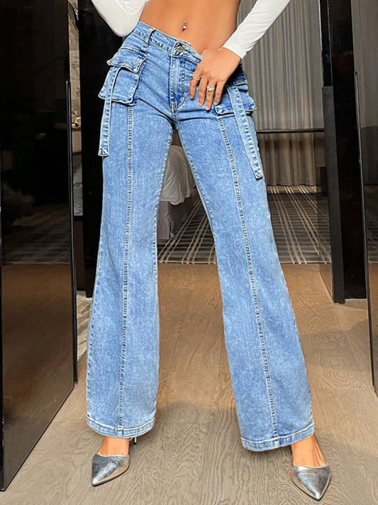 Mid Rise Straight Jeans Cargo Pockets