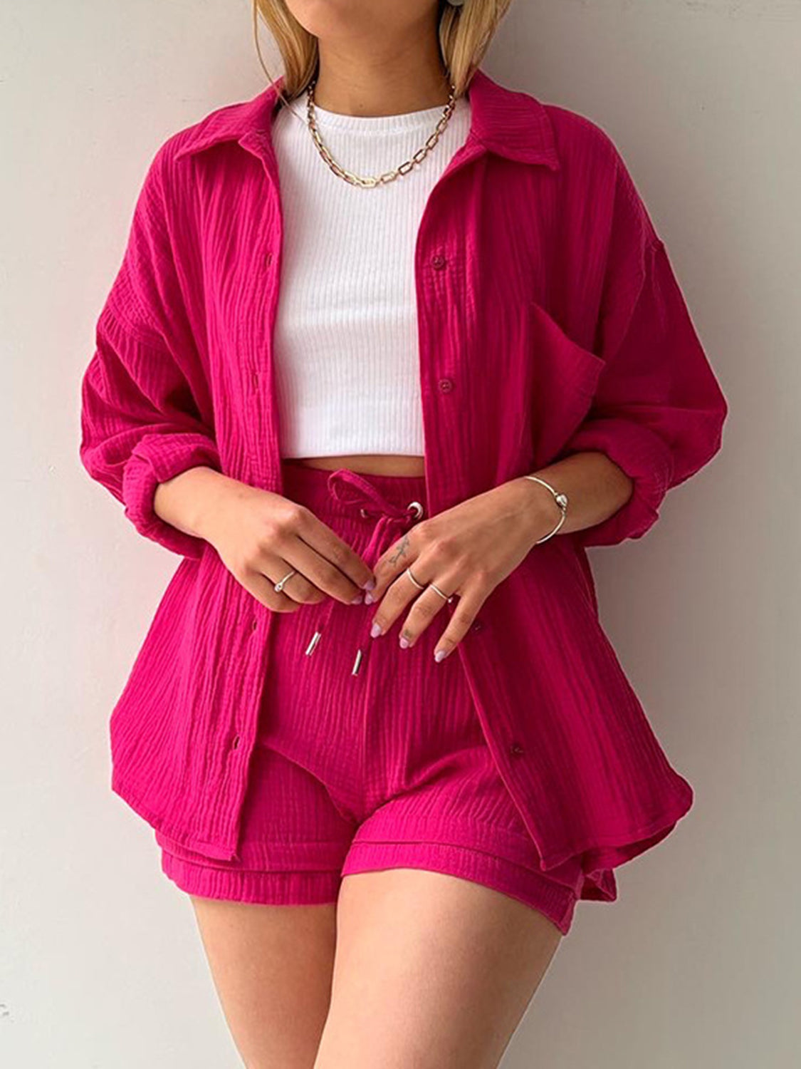 Textured Button Up Shirt Shorts Set