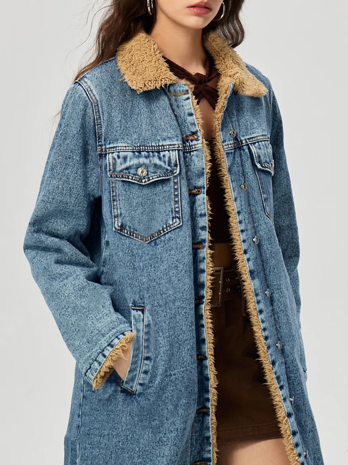 Pocketed Denim Jacket Fur Lined