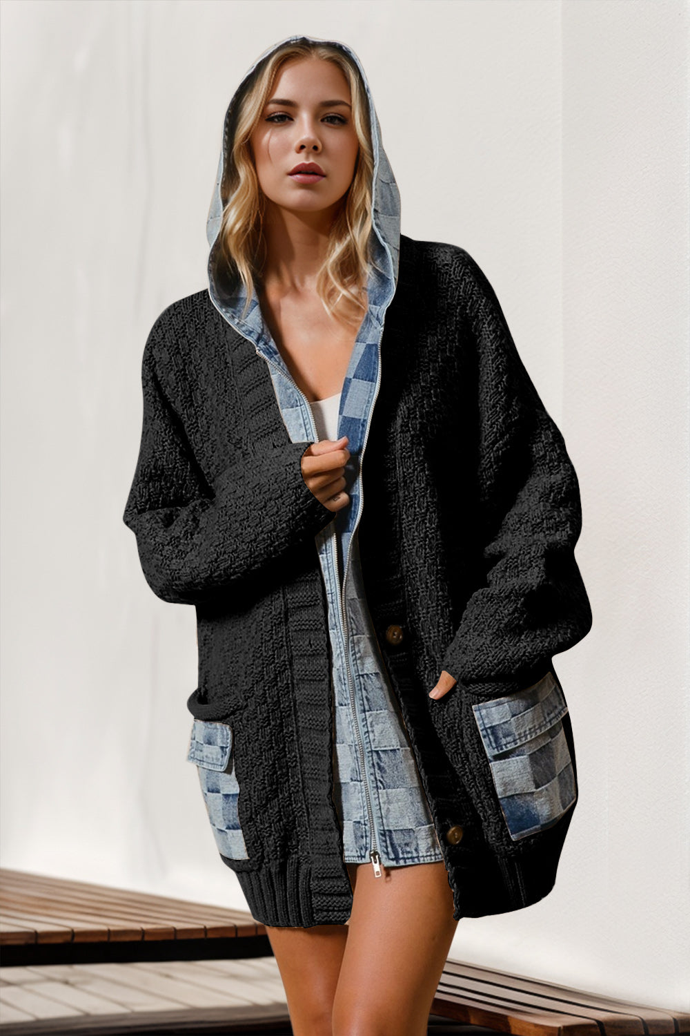 Denim Sweater Cardigan With Pockets