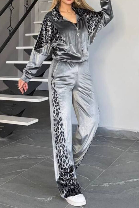 Collared Leopard Zip Top Pants Plus