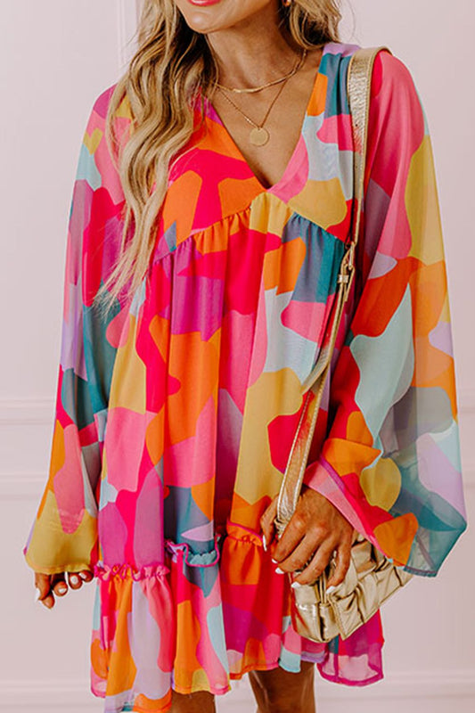 Ruffle Hem Color Block V-Neck Dress