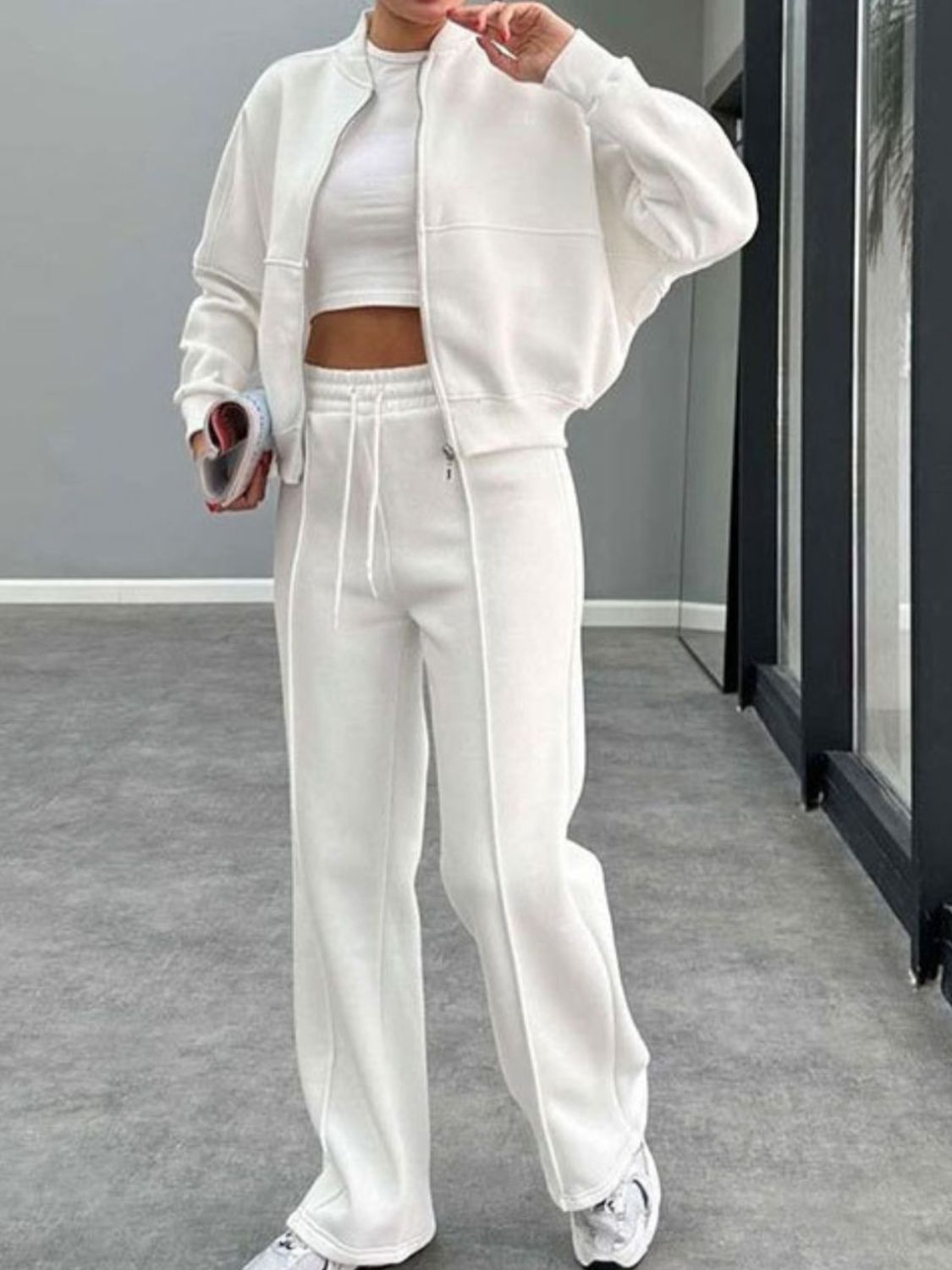 Baseball Collar Zip Up Outerwear Set
