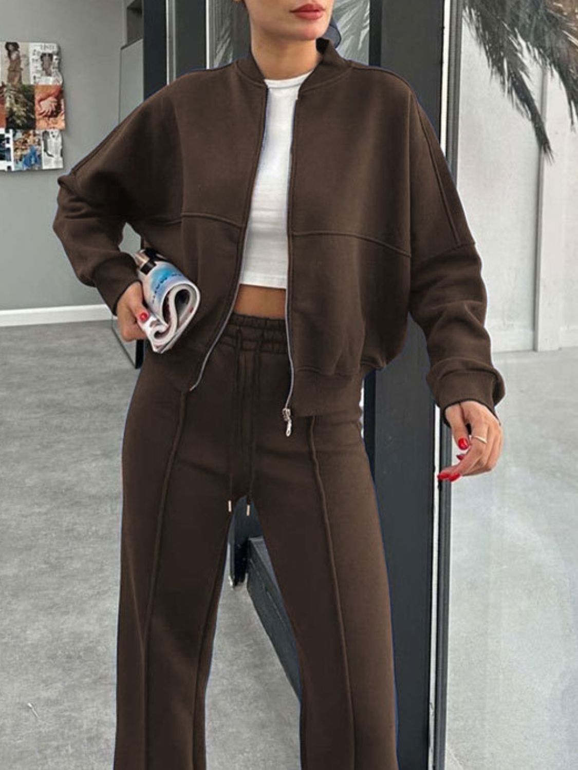 Baseball Collar Zip Up Outerwear Set