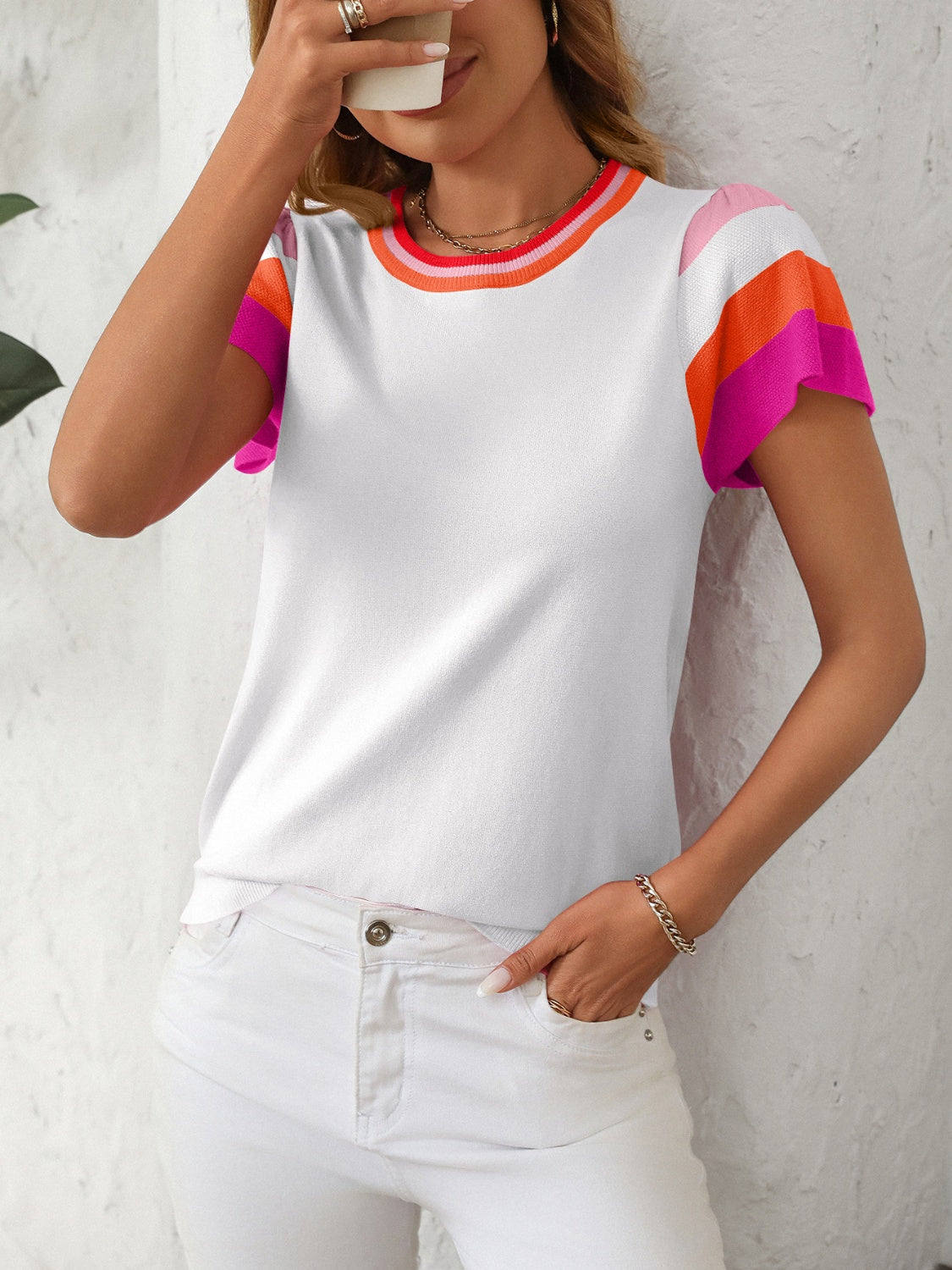 Contrast Round Neck Short Sleeve Top