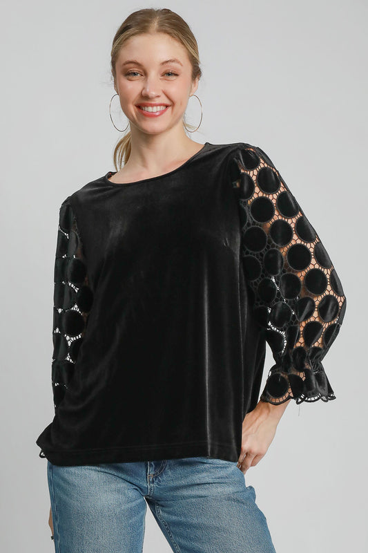 Umgee Polka Dot Lace Long Sleeve Top
