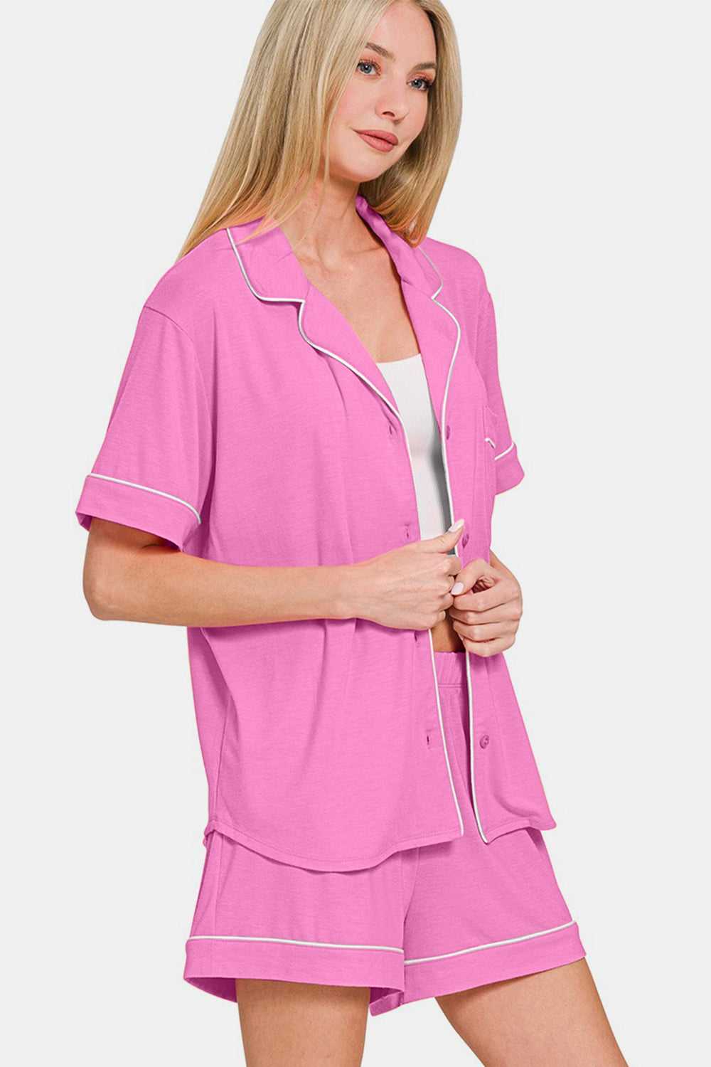Zenana Button Down Short Sleeve Set