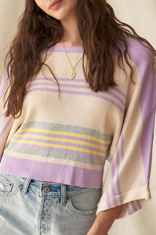Striped Round Neck 3/4 Sleeve Top