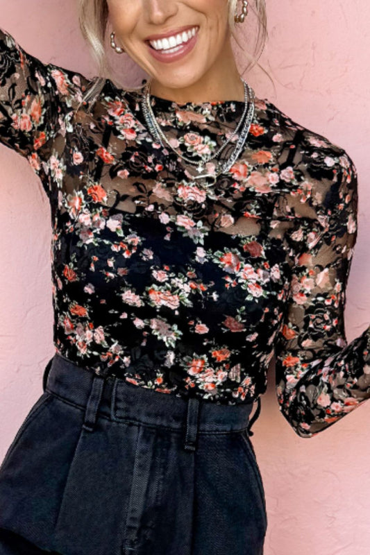 Floral Round Neck Long Sleeve Top