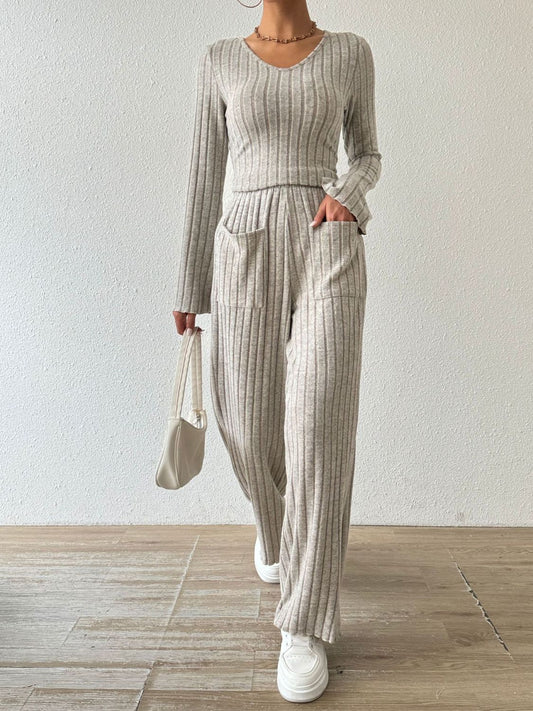 Ribbed V-Neck Long Sleeve Top Pants