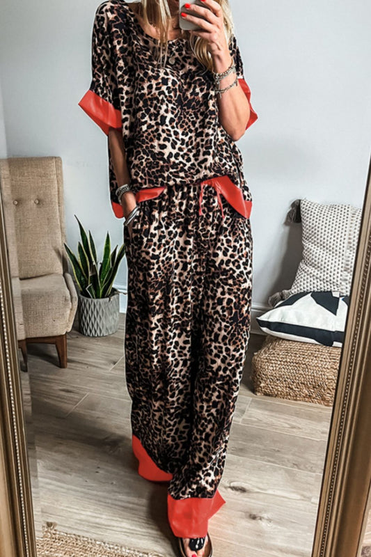 Contrast Trim Leopard Top Pants Set