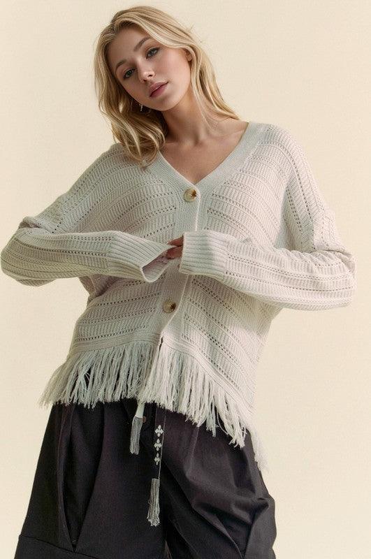 Davi & Dani Fringe V-Neck Cardigan