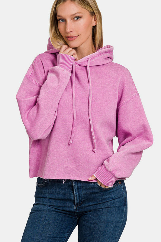 Zenana Acid Wash Fleece Crop Hoodie