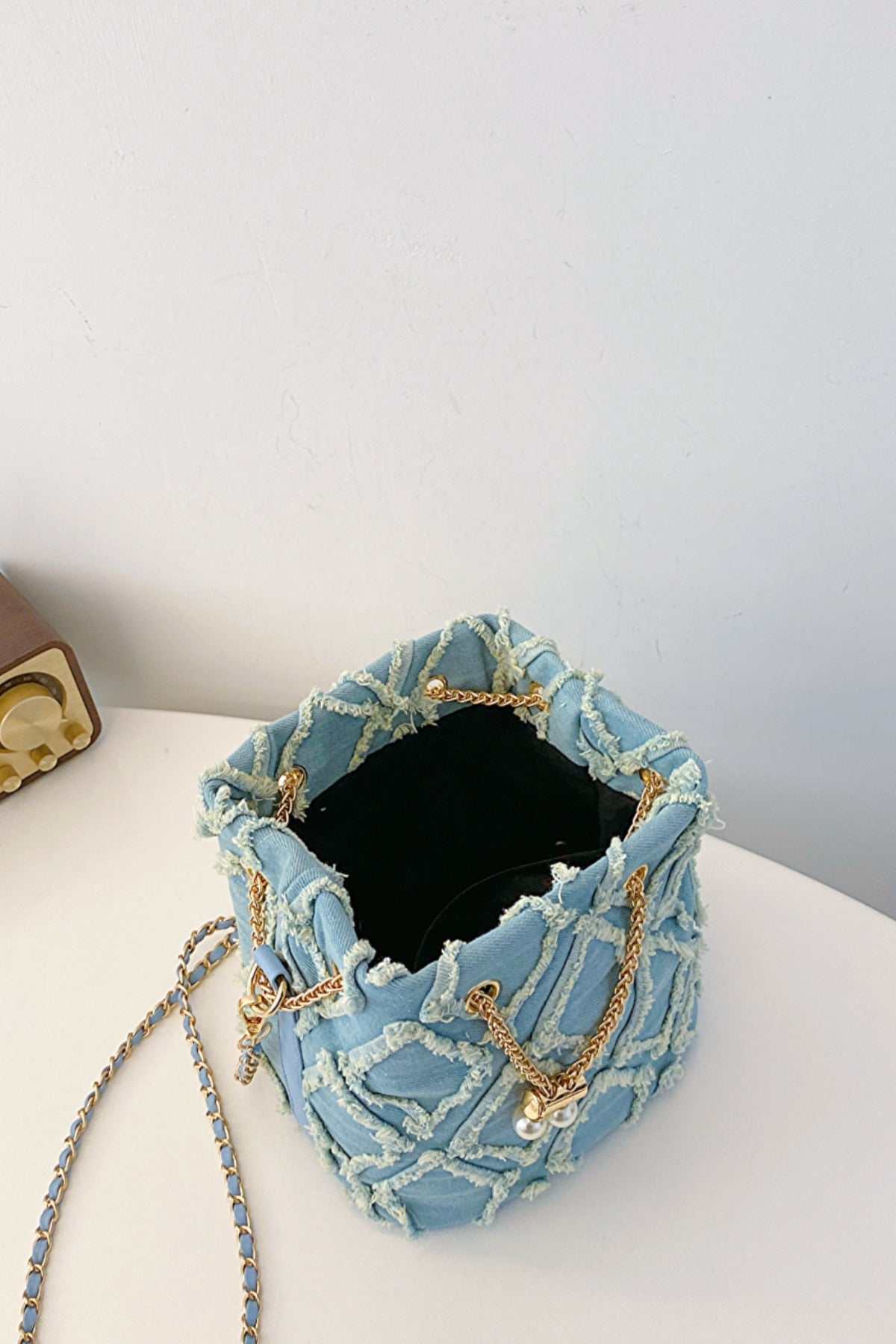 Chain Drawstring Raw Edge Denim Bucket