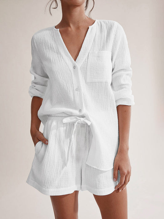 Notched Long Sleeve Top Shorts Set